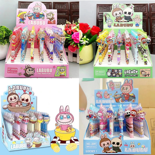طقم أقلام جل Labubu – 48 قلم من سلسلة "Prohibit Anxiety" الكرتونية، تصميم كاوايي، حبر أسود 0.5 ملم