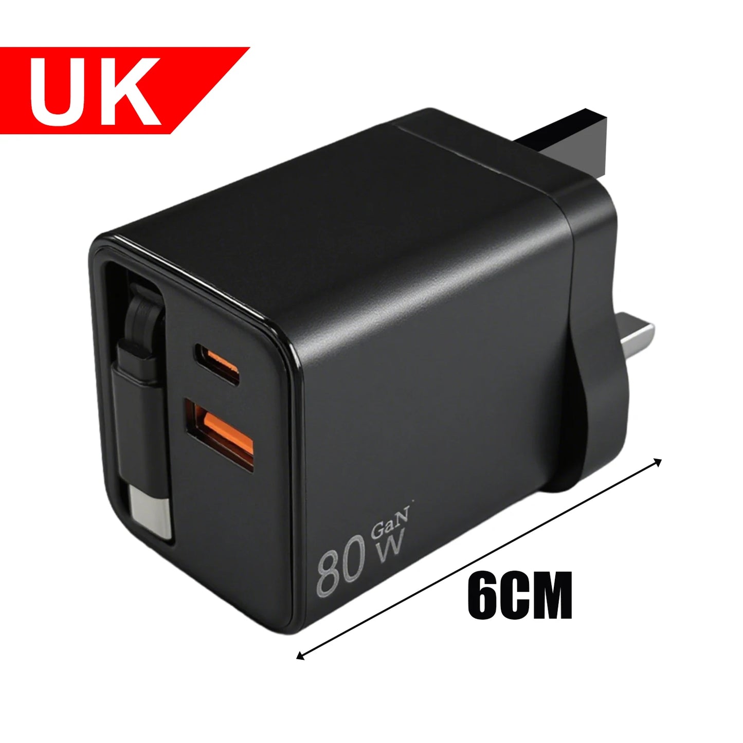 شاحن حائط USB-C سريع 80W مع كيبل تايب-سي قابل للسحب – منفذين شحن لأجهزة آيفون وسامسونج