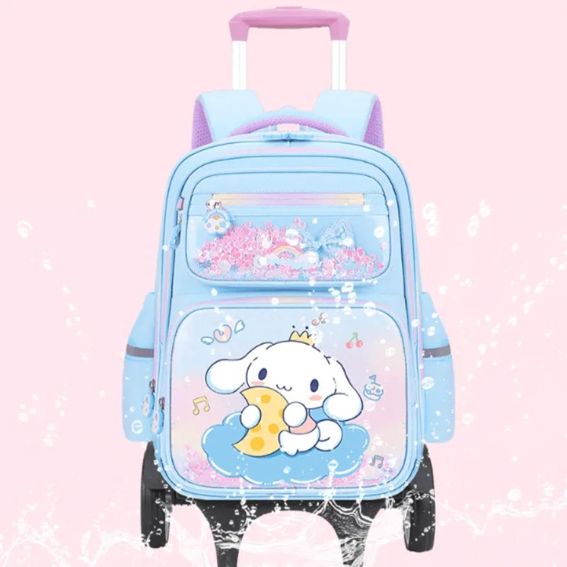 حقيبة مدرسية بعجلات Kuromi للبنات – تصميم كرتوني Melody – كبيرة السعة مع خيار 2 أو 6 عجلات لتخفيف الحمل