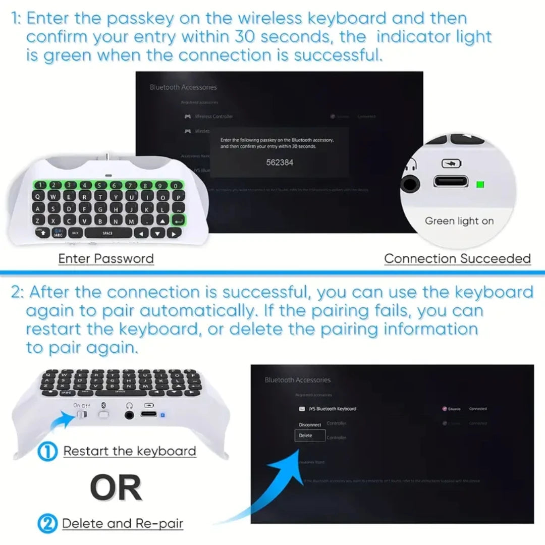 كيبورد صغير لاسلكي ليد PS5 – مع سماعة مدمجة ومدخل 3.5mm