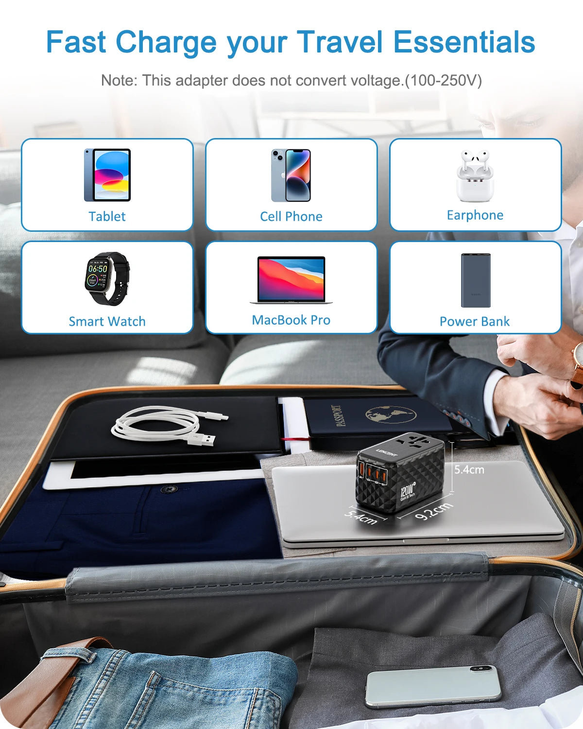 محول سفر عالمي LENCENT 120W GaN – شحن سريع مع 1 USB-A و3 منافذ Type-C