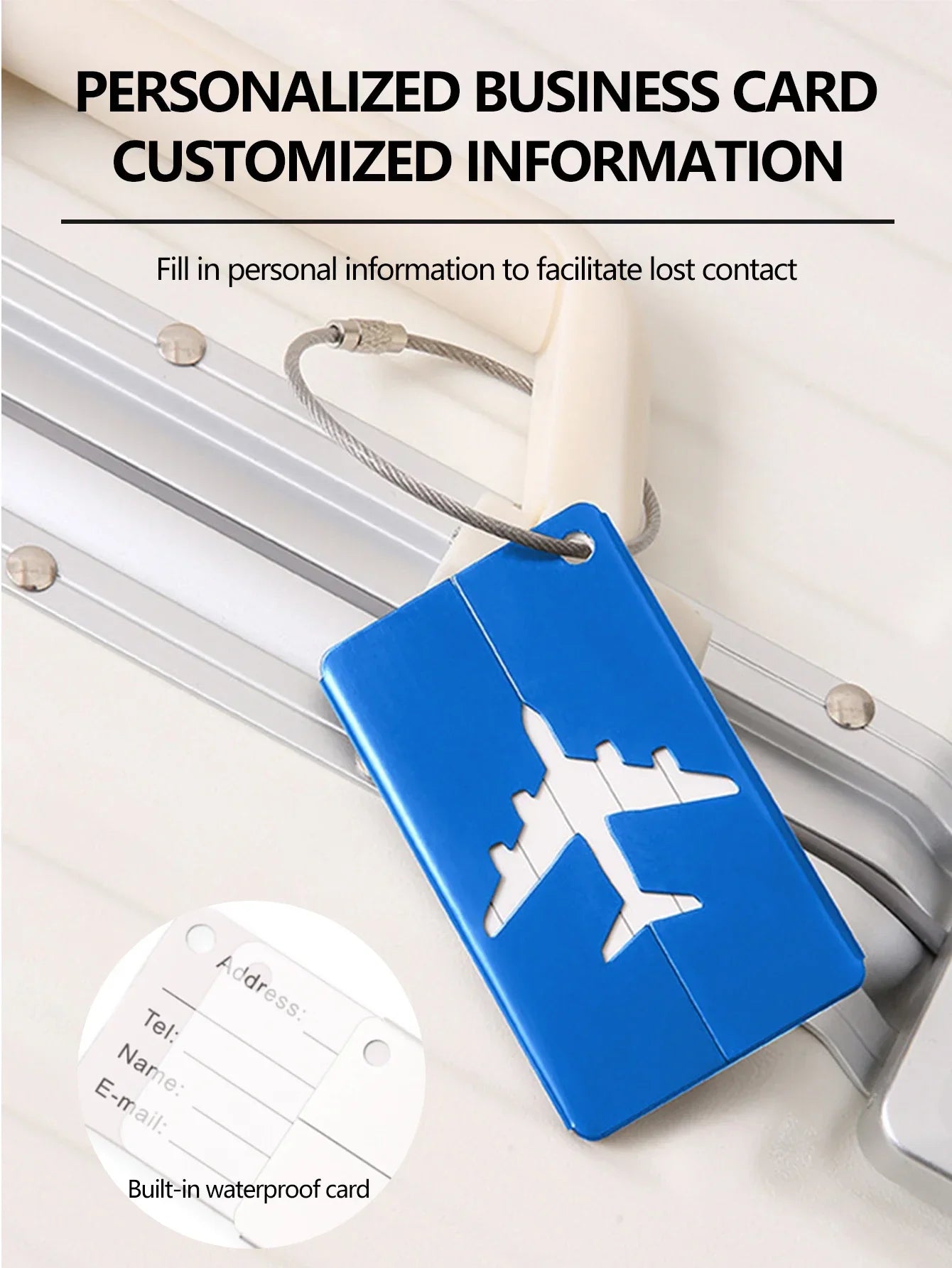 بطاقة تعريف للحقائب من الألمنيوم – أنيقة، متينة، ومناسبة للسفر