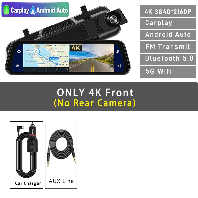 كاميرا مراية للسيارة بدقة 4K – مع GPS وCarPlay وAndroid Auto