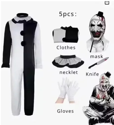 زي المهرّج المرعب للكبار – بدلة تنكرية للهالوين مع قناع مرعب وسكين إكسسوار