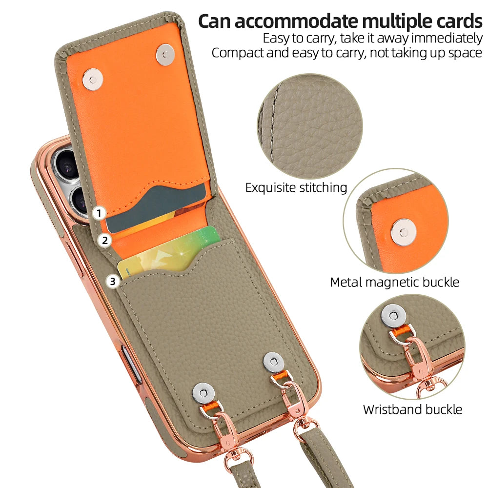 كفر آيفون جلد PU مع حامل بطاقات وحزام كروس بودي طويل – تصميم مطلي أنيق من VIETAO