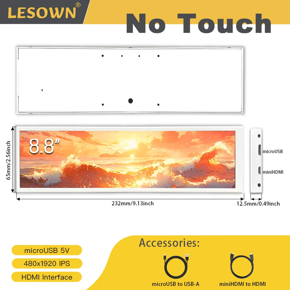 شاشة LESOWN طويلة بتقنية IPS – شاشة ثانوية 8.8 إنش بدقة 1920×480 | عرض معلومات النظام، درجة الحرارة، ومراقبة AIDA64