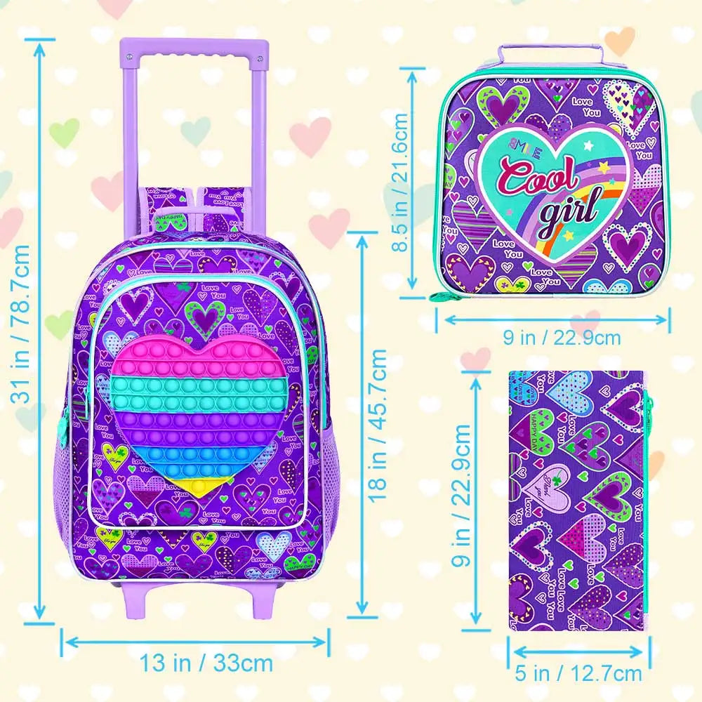 حقيبة مدرسية بعجلات للأطفال مع حقيبة غداء – تصميم يونيكورن وردي (3 قطع)
