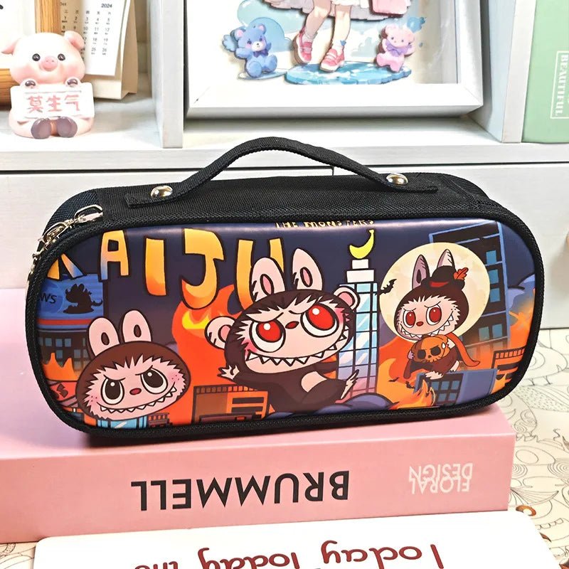 علبة أقلام كبيرة شبكية – مقلمة مقسمة إلى حجرتين بتصميم الوحش الصغير، متعددة الاستخدامات لطلاب المدارس والمراهقين