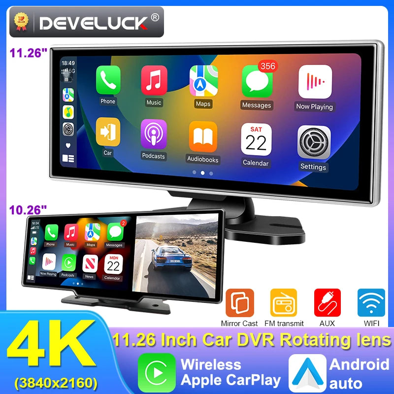 داش كام 10 / 11.26 إنش بدقة 4K – نظام DVR ذكي مع CarPlay وAndroid Auto لاسلكي | جهاز ملاحة GPS وتسجيل فيديو مزدوج العدسة