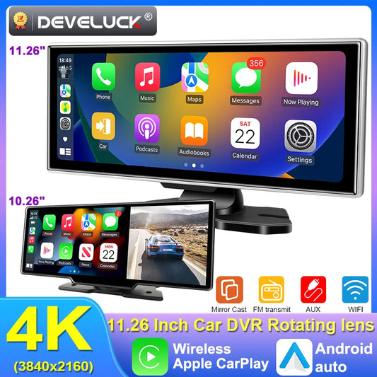 داش كام 10 / 11.26 إنش بدقة 4K – نظام DVR ذكي مع CarPlay وAndroid Auto لاسلكي | جهاز ملاحة GPS وتسجيل فيديو مزدوج العدسة