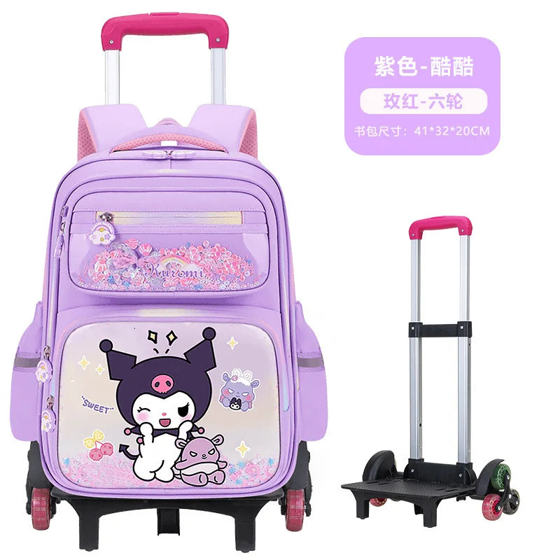حقيبة مدرسية بعجلات Kuromi للبنات – تصميم كرتوني Melody – كبيرة السعة مع خيار 2 أو 6 عجلات لتخفيف الحمل