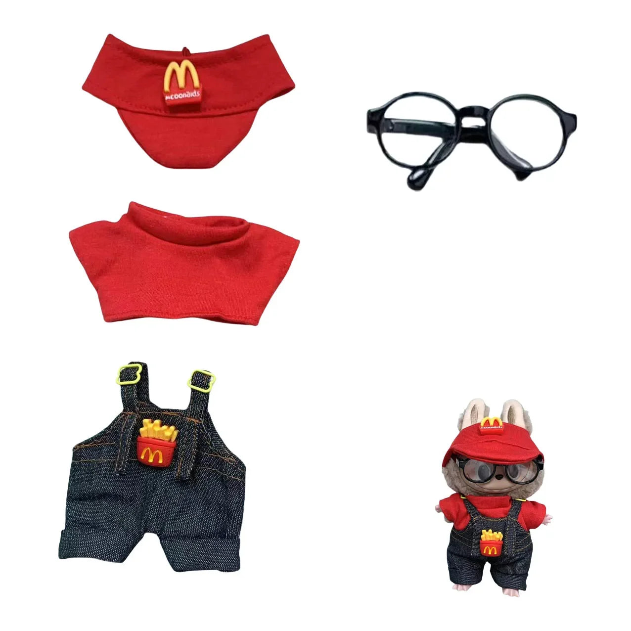 طقم لابوبو 15-17 سم – تيشيرت + بنطلون + ربطة شعر + شنطة | إكسسوارات كيوت للدمى – DIY ستايل