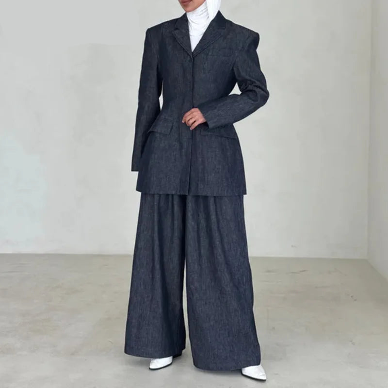 طقم نسائي صيفي بليزر وبنطلون واسع – بكتّان دينم | طقم رسمي كاجوال أنيق – ستايل مكتبي أو طلعة