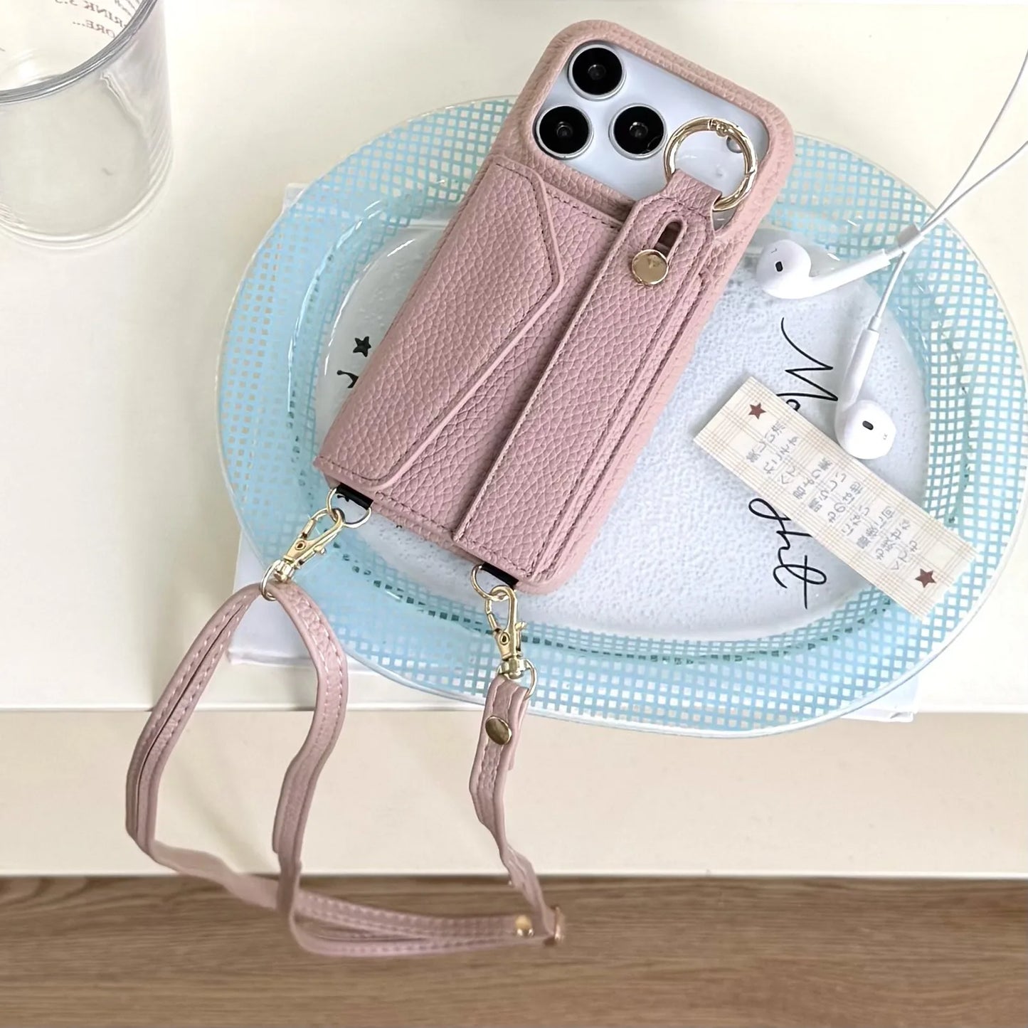 كفر آيفون جلد مع محفظة وحلقة + حزام كروس بودي ومعصم – حامل بطاقات وحماية متكاملة