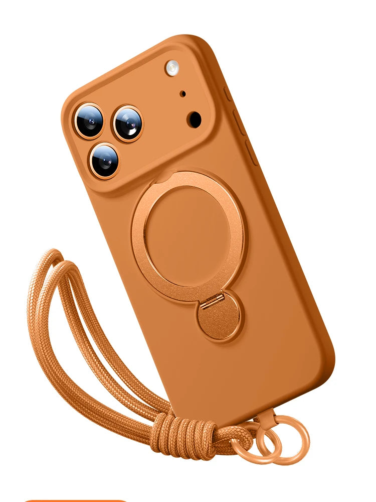 كفر آيفون سيليكون سائل مغناطيسي مع حامل وحبل تعليق – دعم MagSafe وحماية ضد السقوط