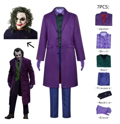 زي تنكري للرجال – الجوكر من فيلم "The Dark Knight" | بدلة كاملة مع جاكيت وباروكة | مستوحى من شخصية هيث ليدجر