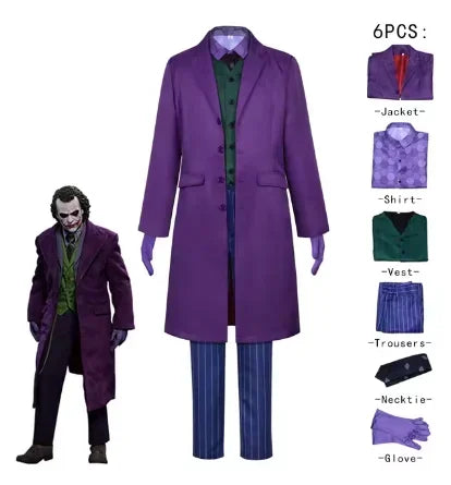 زي تنكري للرجال – الجوكر من فيلم "The Dark Knight" | بدلة كاملة مع جاكيت وباروكة | مستوحى من شخصية هيث ليدجر