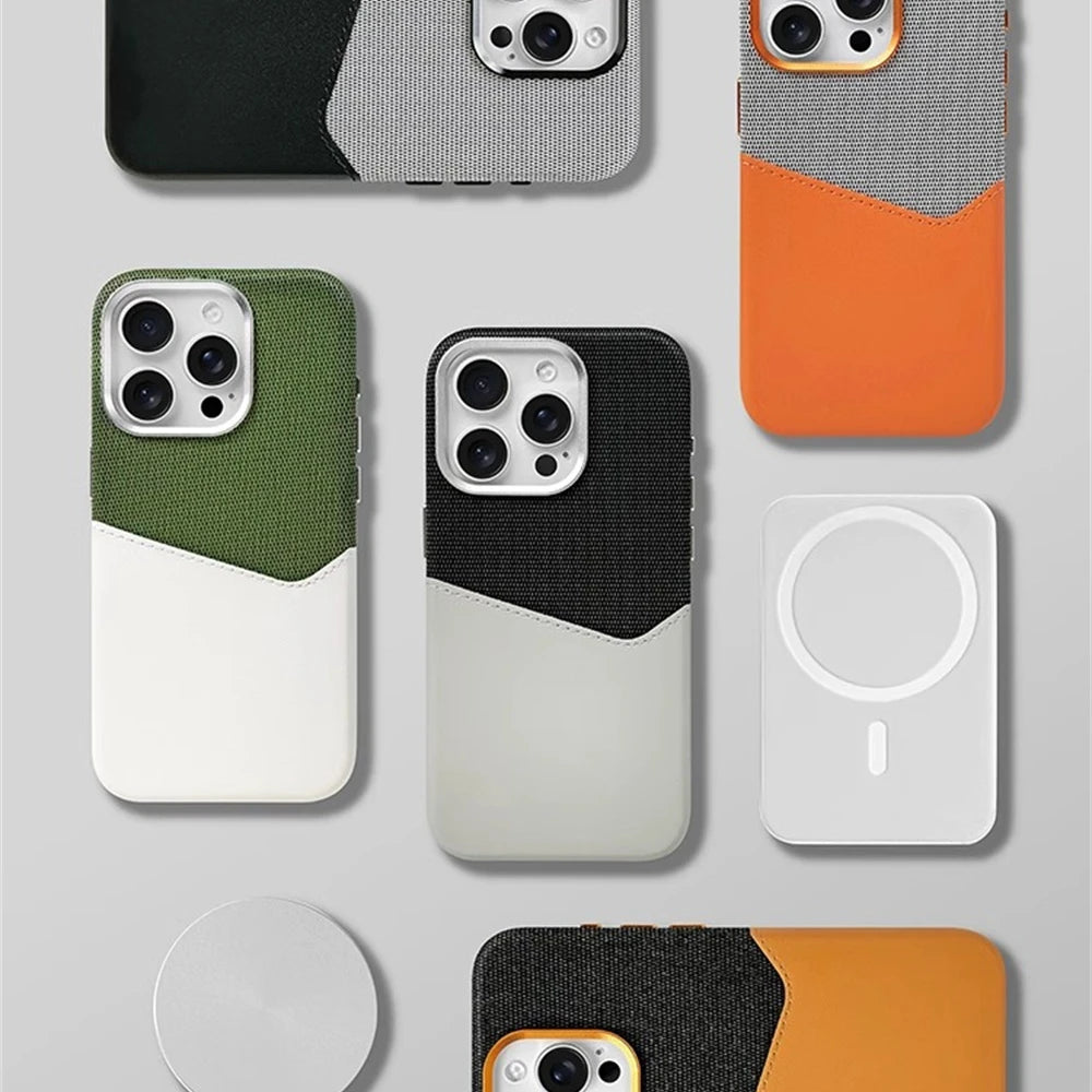 كفر آيفون جلد PU بنقشة Flax مع جيب بطاقات وألوان متباينة – دعم MagSafe وحماية عدسة معدنية