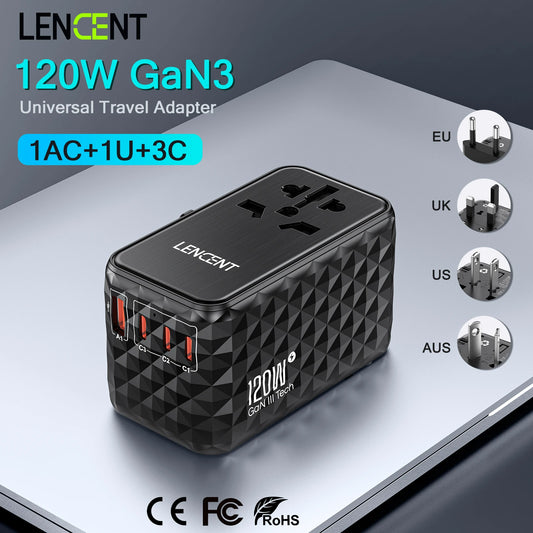 محول سفر عالمي LENCENT 120W GaN – شحن سريع مع 1 USB-A و3 منافذ Type-C