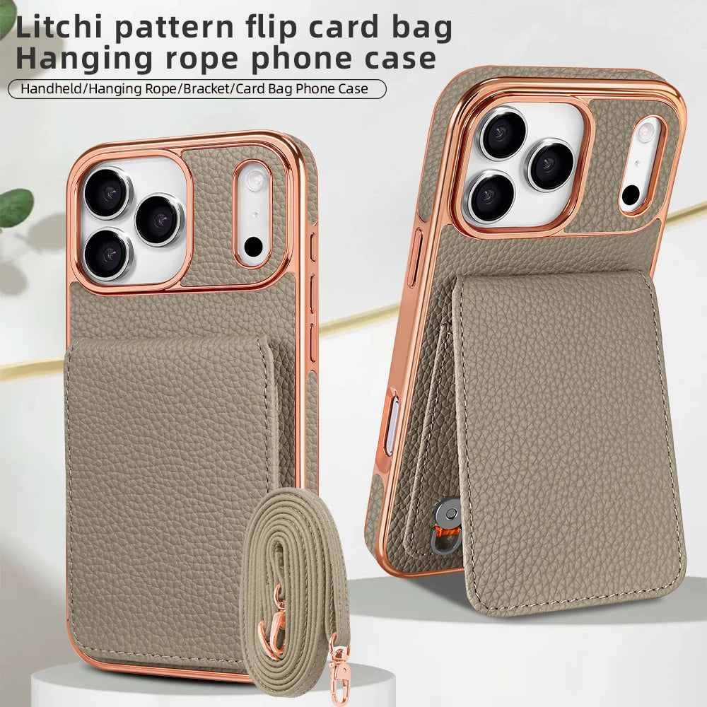 كفر آيفون جلد PU مع حامل بطاقات وحزام كروس بودي طويل – تصميم مطلي أنيق من VIETAO