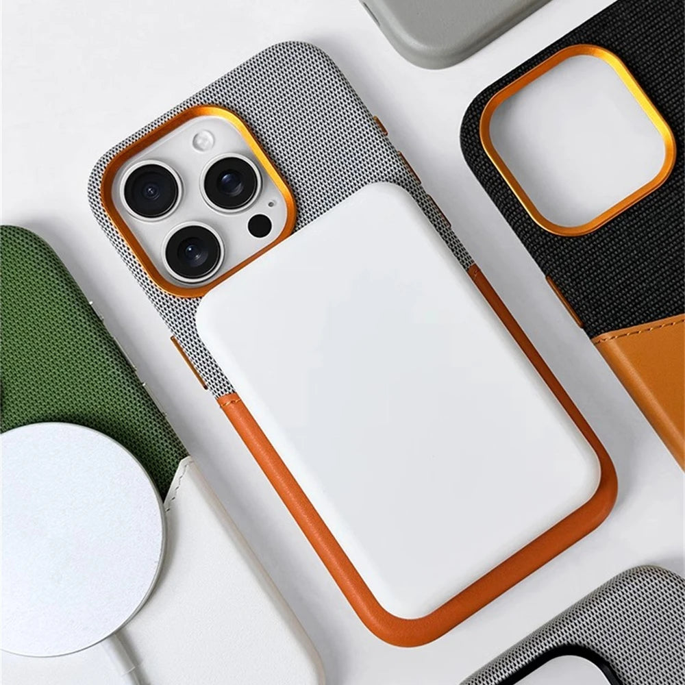 كفر آيفون جلد PU بنقشة Flax مع جيب بطاقات وألوان متباينة – دعم MagSafe وحماية عدسة معدنية