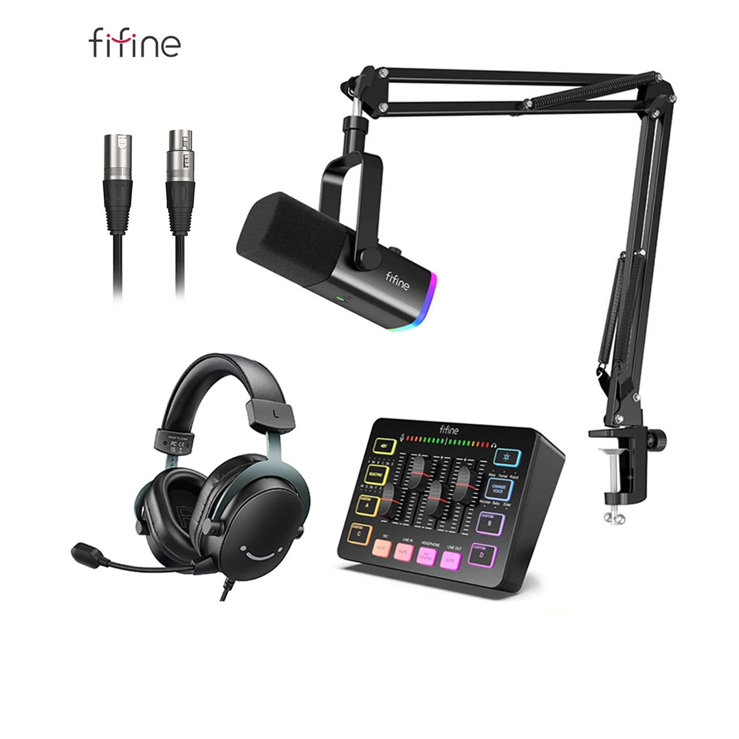 مجموعة FIFINE الصوتية للألعاب والبث – مايكروفون، ميكسر، وسماعة رأس | للمحتوى الصوتي والمرئي على يوتيوب، TikTok، OBS وغيرها