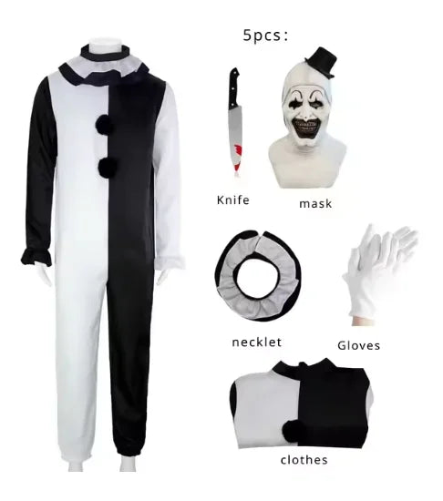 زي المهرّج المرعب للكبار – بدلة تنكرية للهالوين مع قناع مرعب وسكين إكسسوار