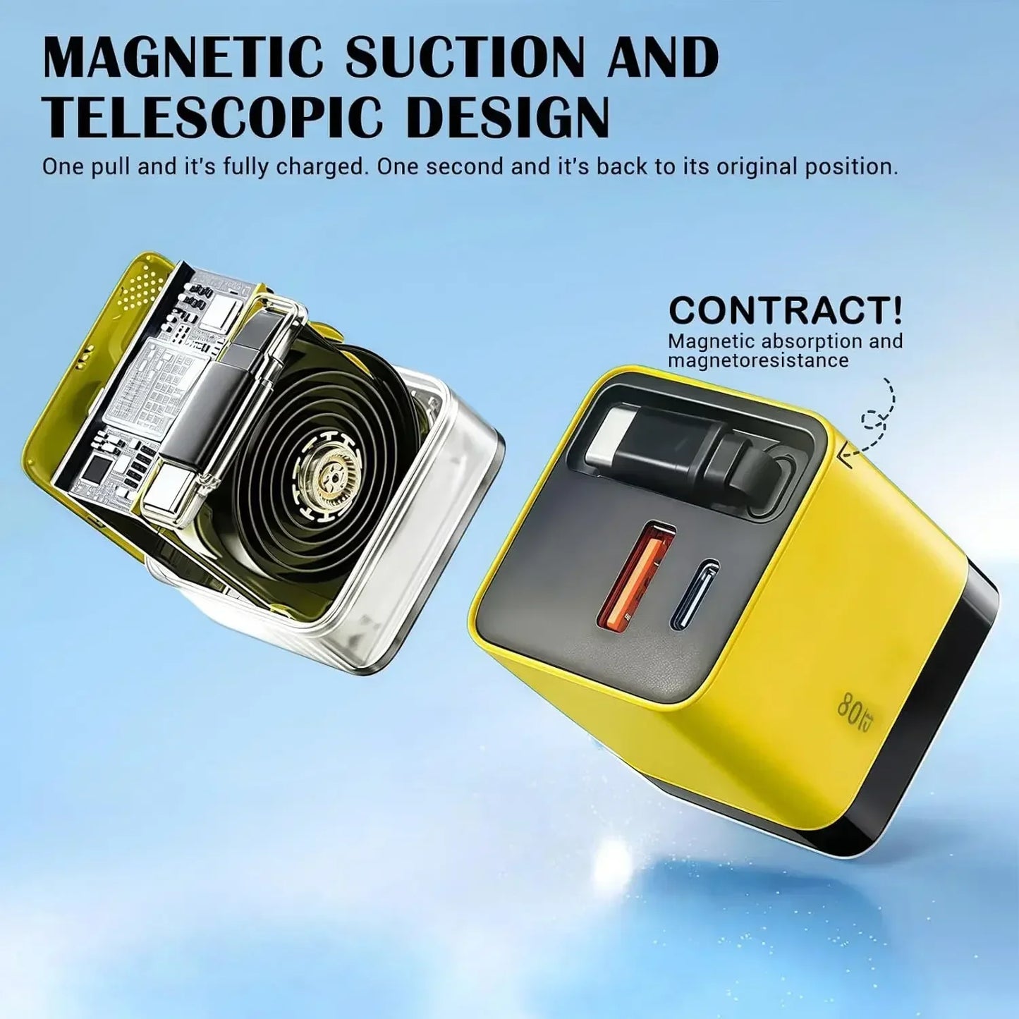 شاحن حائط USB-C سريع 80W مع كيبل تايب-سي قابل للسحب – منفذين شحن لأجهزة آيفون وسامسونج