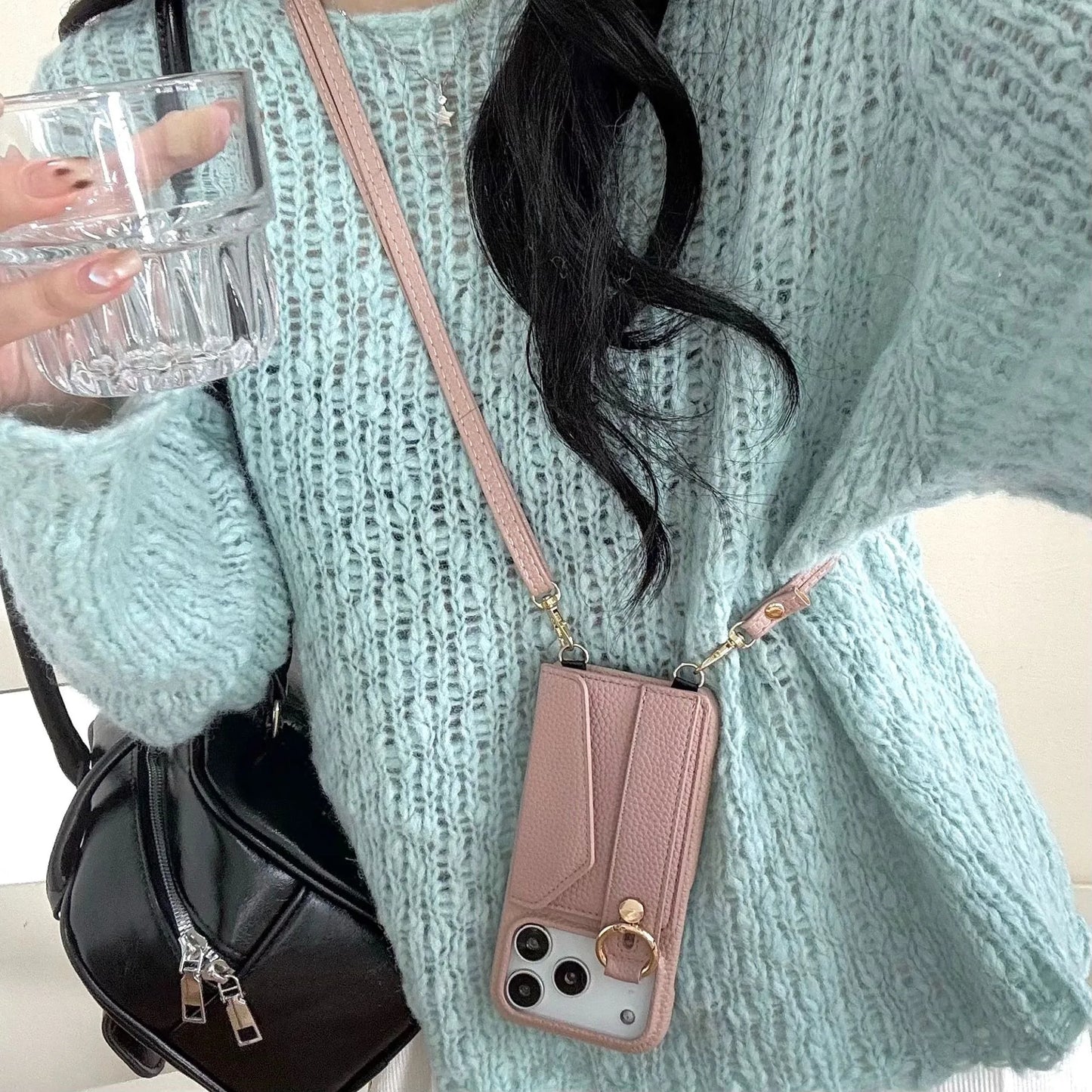 كفر آيفون جلد مع محفظة وحلقة + حزام كروس بودي ومعصم – حامل بطاقات وحماية متكاملة