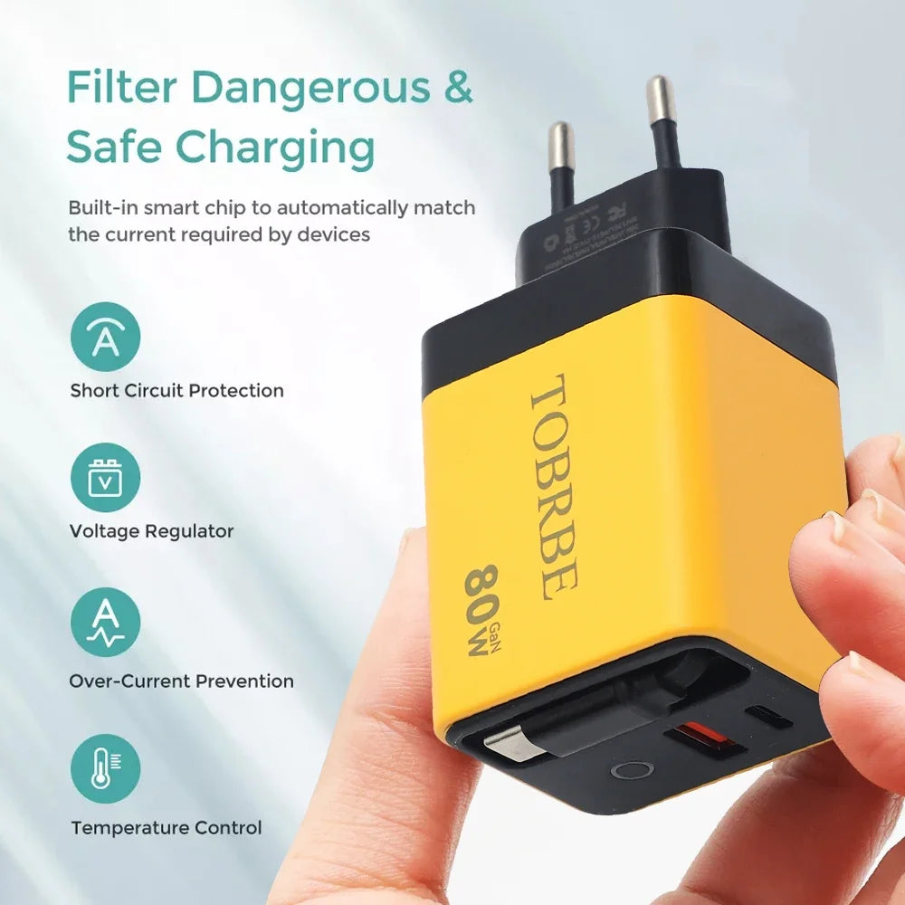 شاحن حائط USB-C سريع 80W مع كيبل تايب-سي قابل للسحب – منفذين شحن لأجهزة آيفون وسامسونج